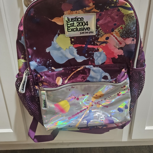 Justice Multicolor Splatter Backpack with Holographic Pocket - Picture 1 of 1